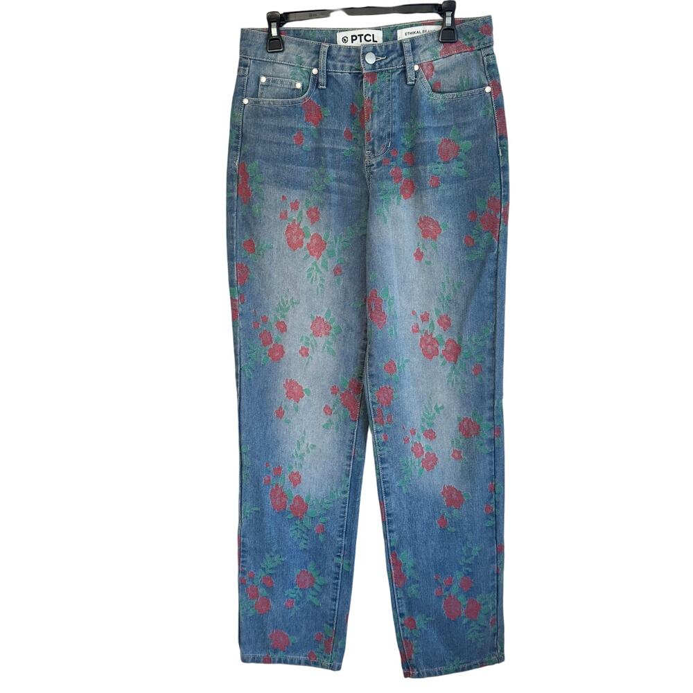 PTCL Rose Straight Leg Jean Blue Sz 28 Rose Floral High Rise Ankle Floral